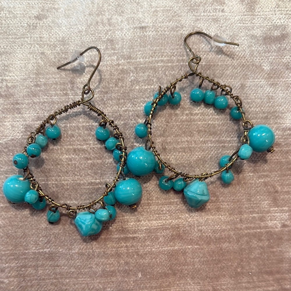 Blue and Gold Hoop Earrings with Vibrant Beads 1 1/4”